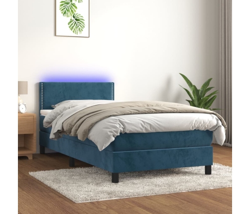 Cama box spring colchón y LED terciopelo azul oscuro 90x200 cm