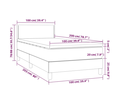 Cama box spring colchón y LED terciopelo azul oscuro 100x200 cm