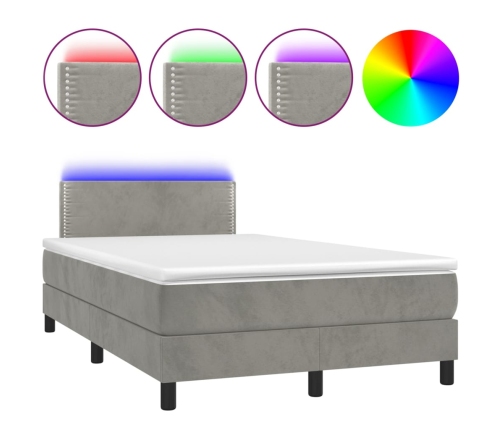 Cama box spring colchón y LED terciopelo gris claro 120x200 cm