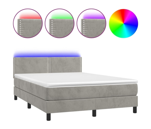 Cama box spring colchón y LED terciopelo gris claro 140x190 cm