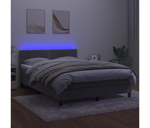 Cama box spring colchón y LED terciopelo gris claro 140x190 cm