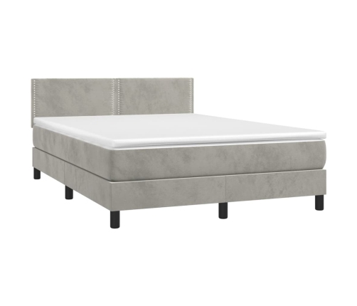 Cama box spring colchón y LED terciopelo gris claro 140x190 cm