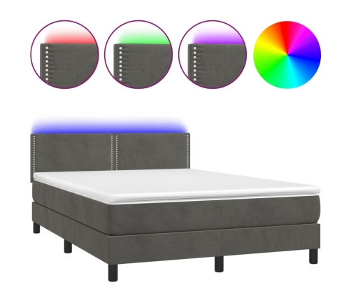 Cama box spring colchón y LED terciopelo gris oscuro 140x190 cm