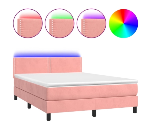 Cama box spring colchón y LED terciopelo rosa 140x190 cm