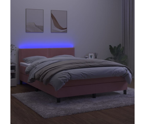 Cama box spring colchón y LED terciopelo rosa 140x190 cm