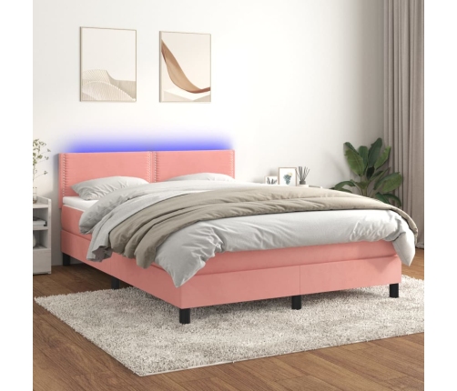 Cama box spring colchón y LED terciopelo rosa 140x190 cm