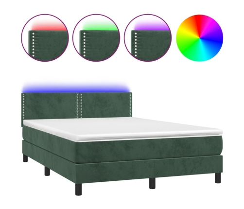 Cama box spring colchón y LED terciopelo verde oscuro 140x200cm