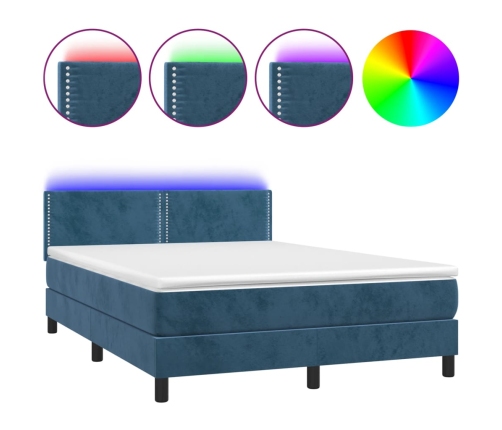 Cama box spring colchón y LED terciopelo azul oscuro 140x200 cm