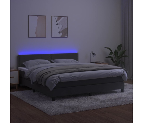 Cama box spring colchón y LED terciopelo gris oscuro 160x200 cm