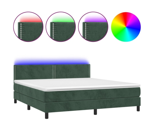 Cama box spring colchón y LED terciopelo verde oscuro 160x200cm