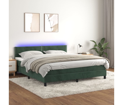 Cama box spring colchón y LED terciopelo verde oscuro 160x200cm