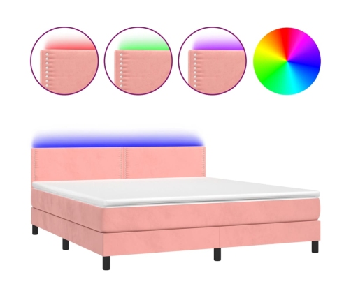 Cama box spring colchón y LED terciopelo rosa 160x200 cm