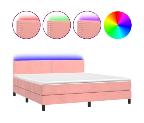 Cama box spring colchón y LED terciopelo rosa 180x200 cm