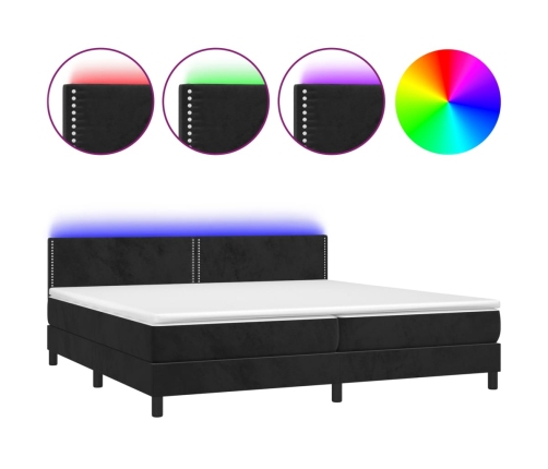 Cama box spring colchón y LED terciopelo negro 200x200 cm