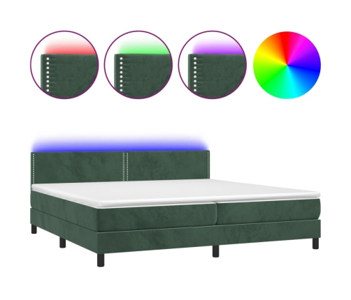 Cama box spring colchón y LED terciopelo verde oscuro 200x200cm