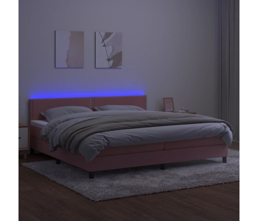 Cama box spring colchón y LED terciopelo rosa 200x200 cm