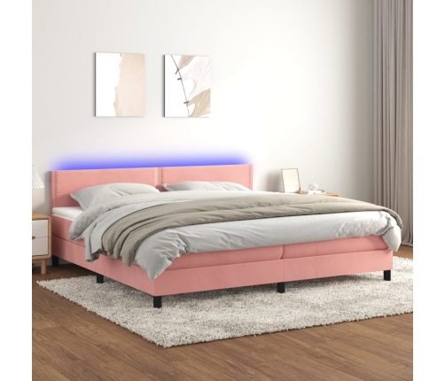 Cama box spring colchón y LED terciopelo rosa 200x200 cm