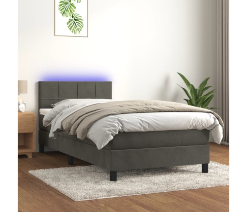 Cama box spring colchón y LED terciopelo gris oscuro 80x200 cm