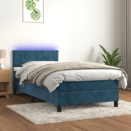 Cama box spring colchón y LED terciopelo azul oscuro 80x200 cm