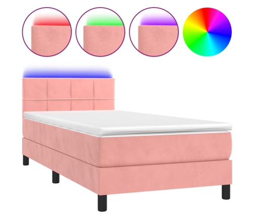 Cama box spring colchón y LED terciopelo rosa 80x200 cm