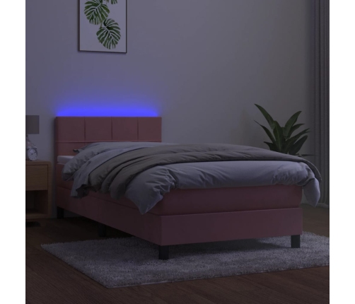 Cama box spring colchón y LED terciopelo rosa 80x200 cm