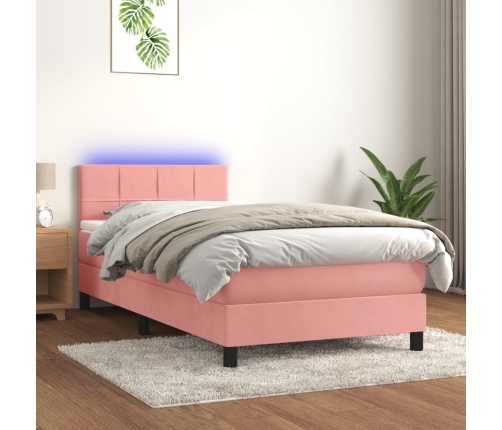 Cama box spring colchón y LED terciopelo rosa 80x200 cm