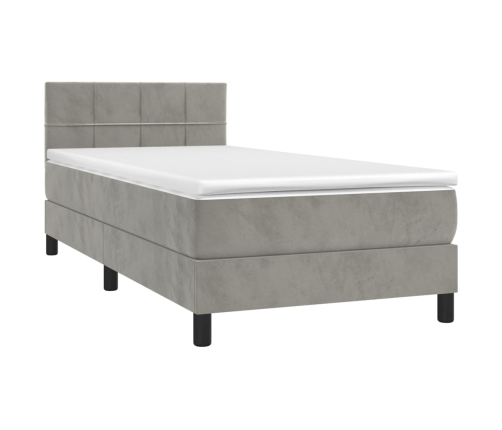 Cama box spring colchón y LED terciopelo gris claro 90x190 cm