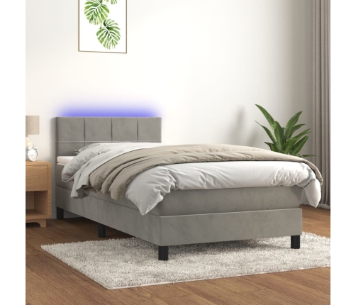 Cama box spring colchón y LED terciopelo gris claro 90x190 cm