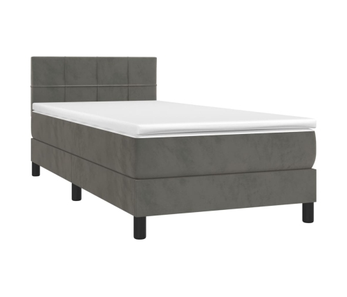 Cama box spring colchón y LED terciopelo gris oscuro 90x200 cm