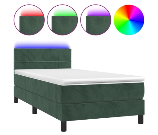 Cama box spring colchón y LED terciopelo verde oscuro 90x200 cm