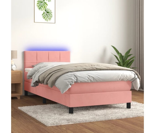 Cama box spring colchón y LED terciopelo rosa 90x200 cm