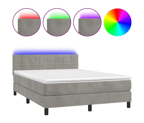 Cama box spring colchón y LED terciopelo gris claro 140x190 cm