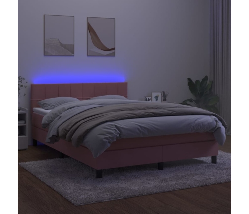 Cama box spring colchón y LED terciopelo rosa 140x190 cm