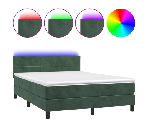 Cama box spring colchón y LED terciopelo verde oscuro 140x200cm