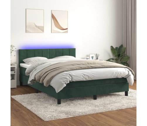 Cama box spring colchón y LED terciopelo verde oscuro 140x200cm