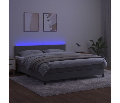 Cama box spring colchón y LED terciopelo gris claro 160x200 cm