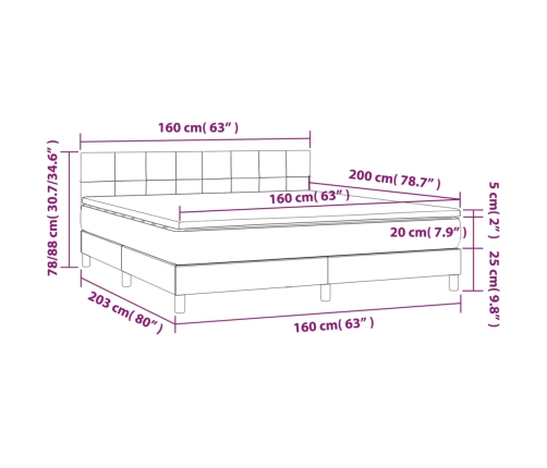 Cama box spring colchón y LED terciopelo gris claro 160x200 cm