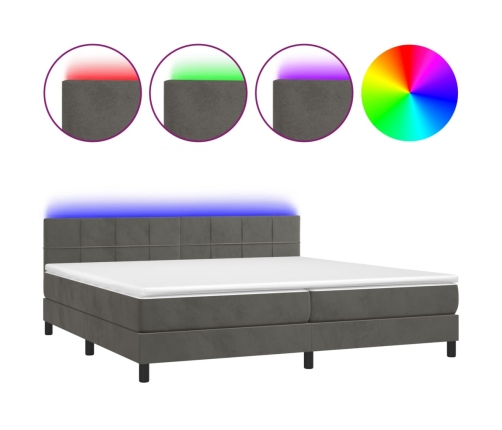 Cama box spring colchón y LED terciopelo gris oscuro 200x200 cm