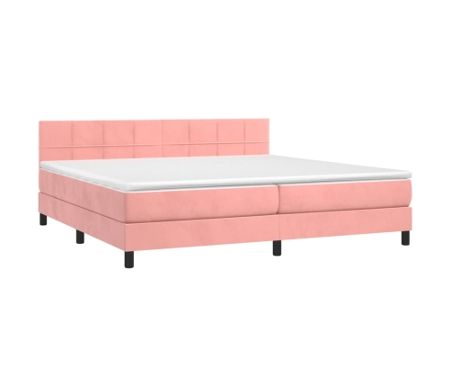 Cama box spring colchón y LED terciopelo rosa 200x200 cm