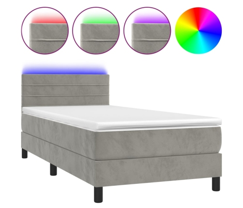 Cama box spring colchón y LED terciopelo gris claro 80x200 cm