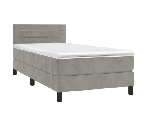 Cama box spring colchón y LED terciopelo gris claro 80x200 cm