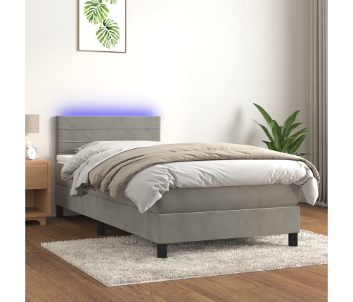 Cama box spring colchón y LED terciopelo gris claro 80x200 cm