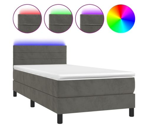 Cama box spring colchón y LED terciopelo gris oscuro 90x190 cm