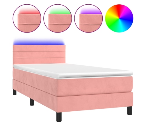 Cama box spring colchón y LED terciopelo rosa 90x190 cm