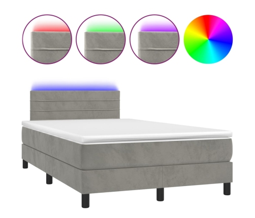 Cama box spring colchón y LED terciopelo gris claro 120x200 cm