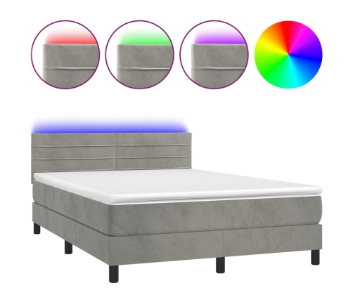 Cama box spring colchón y LED terciopelo gris claro 140x190 cm