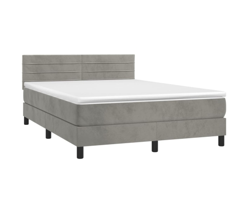 Cama box spring colchón y LED terciopelo gris claro 140x190 cm