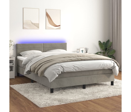 Cama box spring colchón y LED terciopelo gris claro 140x190 cm