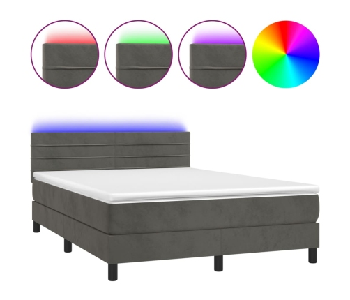 Cama box spring colchón y LED terciopelo gris oscuro 140x190 cm