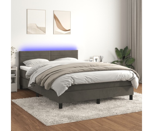 Cama box spring colchón y LED terciopelo gris oscuro 140x190 cm